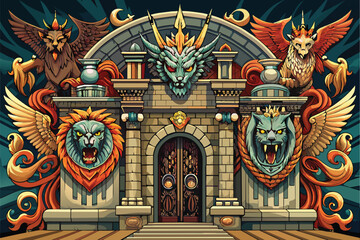 Obraz premium A vibrant, mythical architectural structure featuring statues of lions and birds, set against a colorful backdrop, showcasing intricate designs and symbols of fantasy