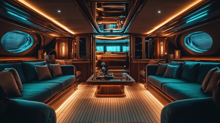Fototapeta premium Luxurious yacht interior showcasing modern design with spacious seating and elegant lighting during a sunny day