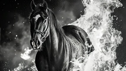 Black Horse Running Through Water, running horse, galloping horse, horse in water, water splash, water droplets
