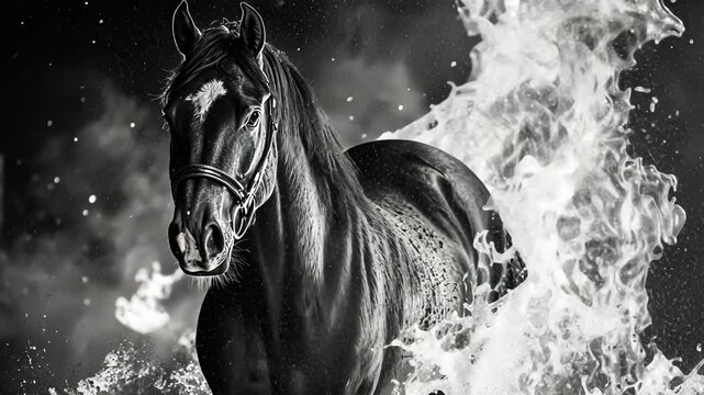 Black Horse Running Through Water, running horse, galloping horse, horse in water, water splash, water droplets