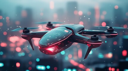 Futuristic drone design showcased in a dark, illuminated setting with sleek lines and advanced technology
