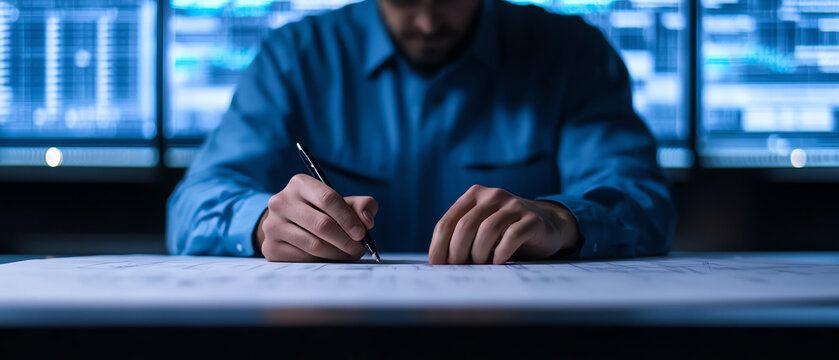 A focused professional sketches designs on a blueprint while analyzing data on computer screens in a modern office setup.