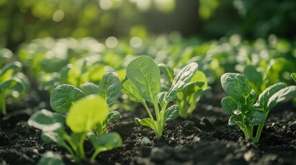 An organic garden filled with vibrant spinach and kale plants, nurtured by a skilled agriculturist dedicated to sustainable farming.