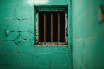 Artistic view of an old, abandoned asylum, with broken windows, rusty bars, and dark, unsettling hallways, Abandoned asylum, Psychological horror