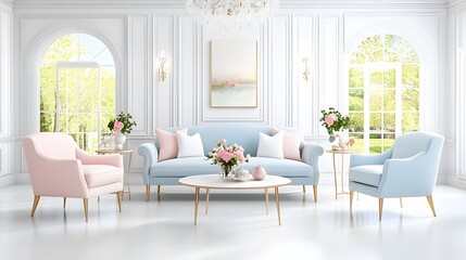 Elegant blue and pink living room design with floral accents