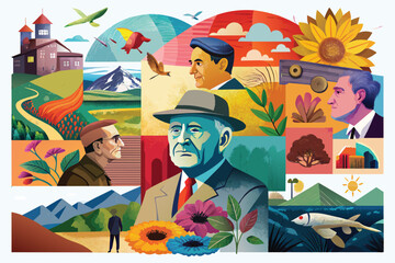 A vibrant collage illustrating the life and contributions of an influential figure, featuring nature, landscapes, and portraits set against a colorful background