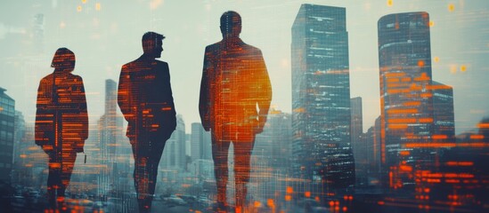 Business Professionals Walking in Modern Cityscape with Digital Overlay of Data and Technology Elements