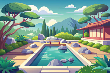 A tranquil garden landscape featuring a serene pool, lush greenery, rocks, and a cozy pavilion surrounded by mountains under a bright sky