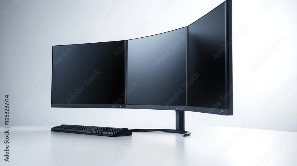 Poster Curved triple monitor setup with a keyboard on a white desk