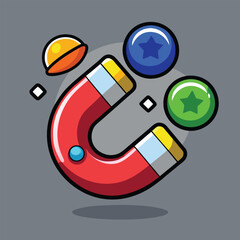 A red horseshoe magnet with a blue and a green ball being pulled towards it.