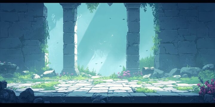 Fototapeta Ancient Ruins Adventure, explore a 2D platformer with a flat stone floor, broken columns, and crumbling platforms in a mystical setting