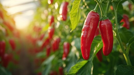 Organic chili peppers hanging from plants in a greenhouse, their fiery red color intensified by the carefully controlled growing environment.
