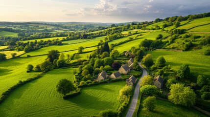 Obraz premium Aerial shot of picturesque rolling hills with charming villages featuring honey-colored stone cottages, nestled amidst vibrant farmlands and fields beneath a soft blue sky.