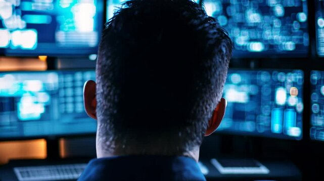Cybersecurity Specialist Analyzing Data On Multiple Monitors, hacker, data analysis, data security, computer security, network security