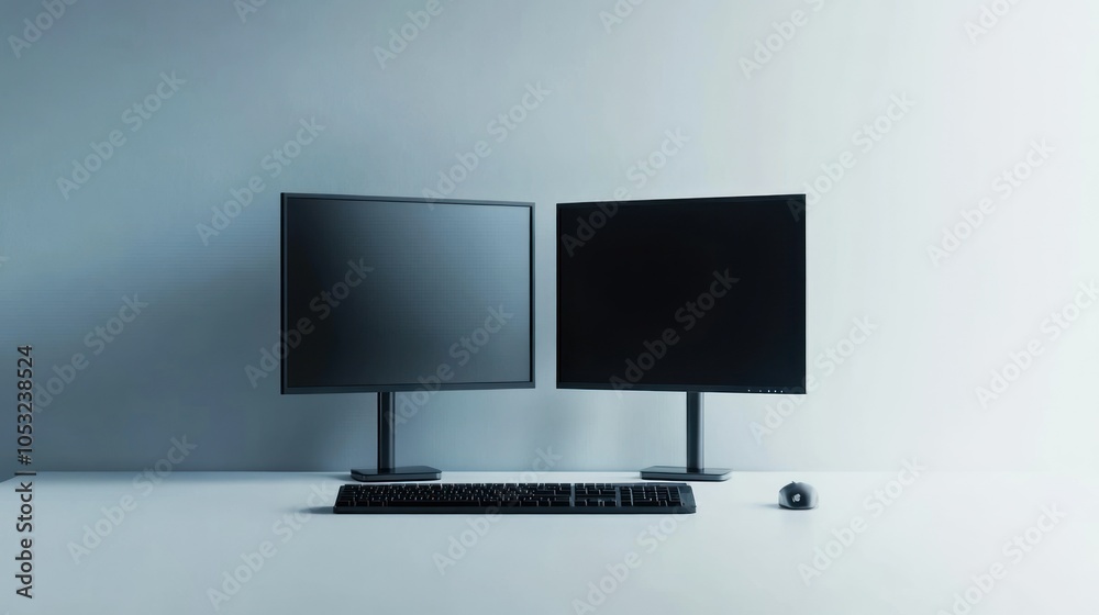Poster Minimalist Setup of Two Black Monitors with a Keyboard and Mouse on a White Desk