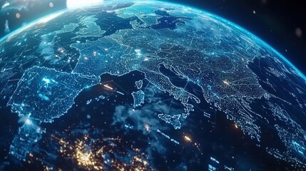 Obraz premium High-tech digital map view of Europe from space with glowing lights and connections.