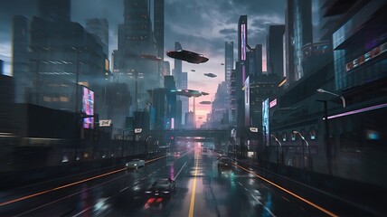 Futuristic Skyline of a Technologically Advanced City,
Neon-Lit Futuristic Cityscape with Sci-Fi Architecture