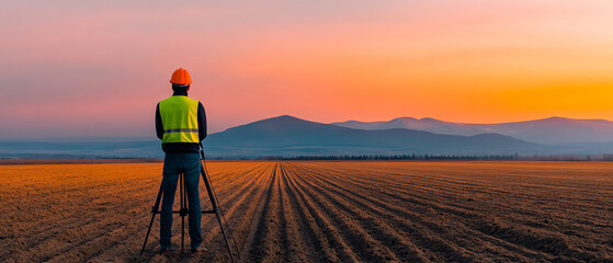 A surveyor in a safety vest and helmet stands on a field at sunset, observing the landscape with distant mountains in the background.