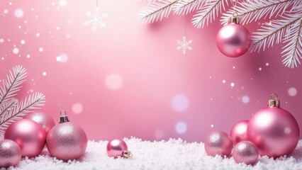 glamorous Christmas mock up background in bright pinks and white, shiny metallic pink ornaments in snow, white fir branches, against soft pink background with bokeh lights, banner with copy space..