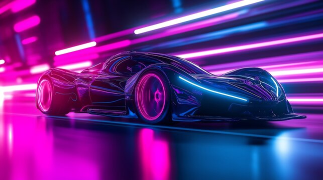 3D modern hyper car moving on road, cyberpunk themed wallpaper.