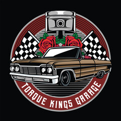 Vintage American Lowriders Car, Skull, Piston, Red Roses, and Race flag Poster in Vector Illustration for flyer, social media, web pages, print media, greeting card, invitation, banner