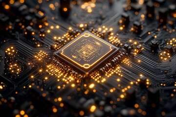 Obraz premium A close-up of a motherboard with a glowing processor
