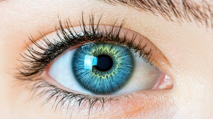 Fototapeta premium Close-up of a human blue eye with detailed iris patterns, showcasing beauty and depth.