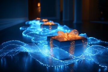 Line of glowing gift boxes on a dark wooden floor