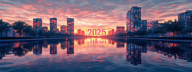 "2025" in colorful squares stands out on a city waterfront, mirrored on calm water. Tall buildings flank the scene under a vibrant sunrise or sunset, casting long shadows and enhancing the tranquil am