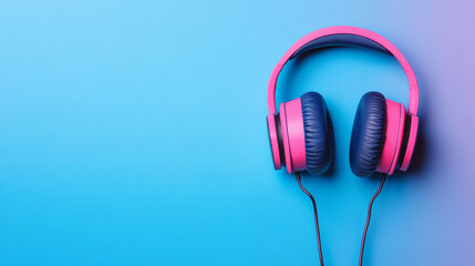 Pink and Blue Headphones on Blue Gradient Background:  Minimalist, vibrant shot of pink and blue...