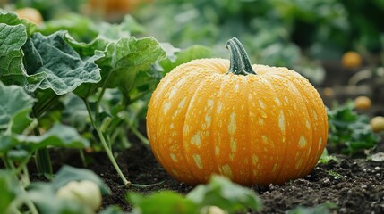 A large pumpkin growing in a homemade organic garden, with an agriculturist preparing for a bountiful harvest.