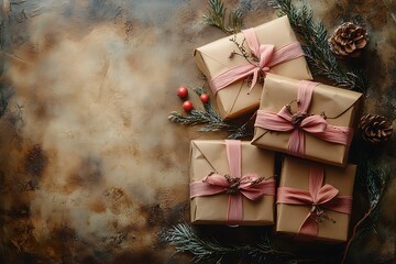 Christmas gifts wrapped in craft paper with pink ribbons