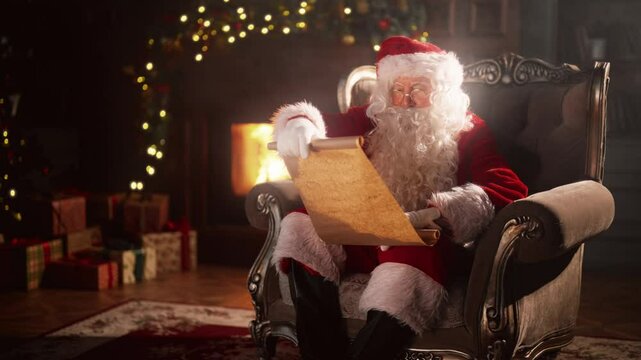 Merry Christmas atmosphere in house of Santa Claus, wizard reading scroll. Portrait of old man sitting in armchair, ancient magician preparing to Xmas celebration, traditional red suit of Santa