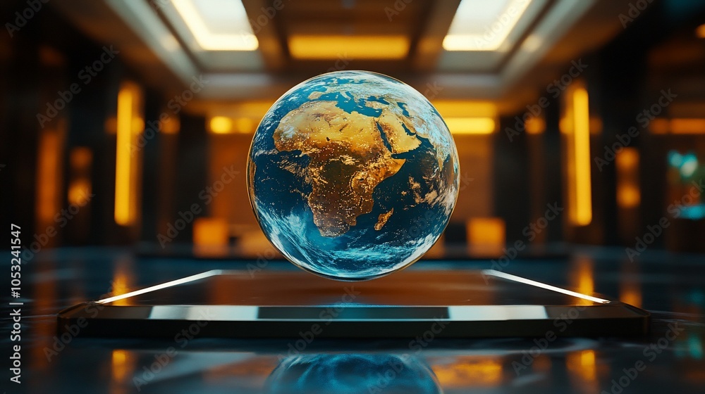 Poster a 3d rendering of the earth floating above a sleek, futuristic, black platform. the earth is in focu