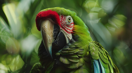 Fototapeta premium Wild green macaw parrot, ara parrot head, wildlife ararauna bird face, tropical exotic life