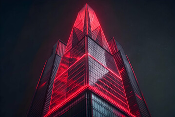 A modern skyscraper illuminated with red lights, showcasing a striking geometric design, set against a dark sky.