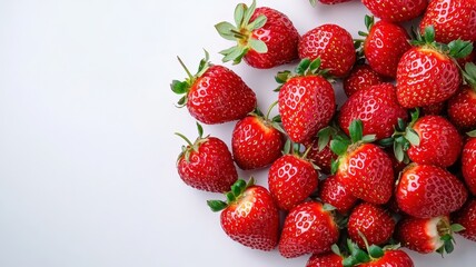 Bowl of fresh strawberries on a white surface, inviting open space for text below in a minimalist style.