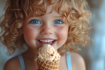A young girl with bright blue eyes enjoys an ice cream cone.