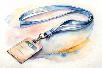 A watercolor illustration of an ID badge with a blue lanyard against a soft, colorful background.