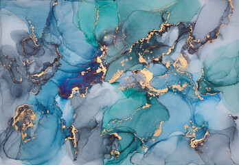 Fototapeta premium Flowing shapes and delicate metallic touches, abstract artwork on together rich tones and golden highlights. The liquid ink technique create fluidity, feeling of depth, beauty