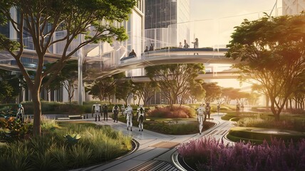 Naklejka premium Futuristic Skyline of a Technologically Advanced City, Neon-Lit Futuristic Cityscape with Sci-Fi Architecture