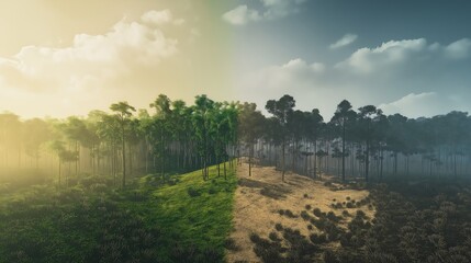 Obraz premium Forest transitioning from lush green to dry desert, illustrating deforestation and environmental degradation.