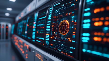 Fototapeta premium Close up view of a futuristic medical imaging holographic data display system with glowing neon lights illuminating the advanced scanning equipment