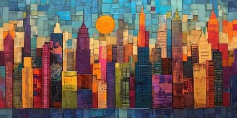 Vibrant urban landscape featuring intricate mosaics and inviting industrial elements, showcasing a lively and dynamic city environment