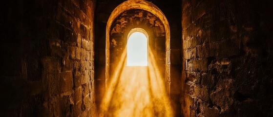 A beautiful ray of sunlight streaming through an arched doorway, creating a warm and inviting atmosphere in a stone corridor.