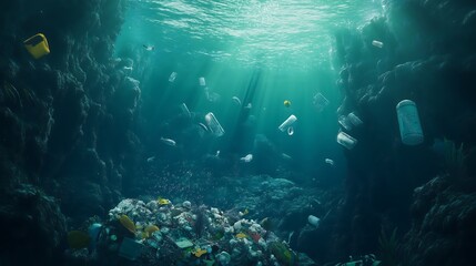 Plastic waste floating in a deep ocean with marine life swimming around, symbolizing human impact on ecosystems.