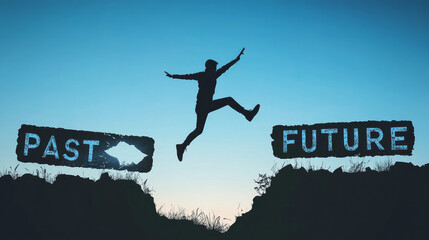 Go ahead and continuously improve the concept, silhouette man jumping on a cliff from past to future with a cloud sky background.
