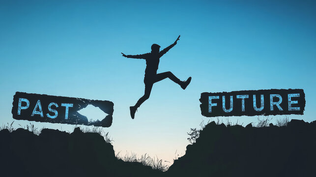 Go ahead and continuously improve the concept, silhouette man jumping on a cliff from past to future with a cloud sky background.
