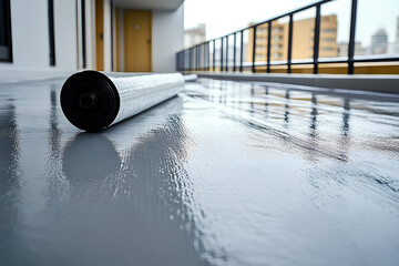 Gray hand painted flooring with waterproofing and reinforcing net to repair the deck roof
