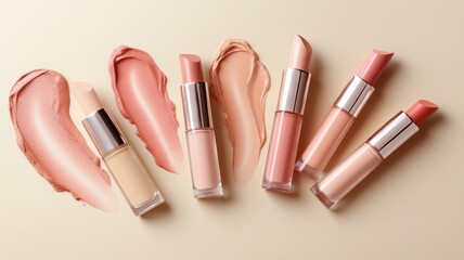 Obraz premium Beige nude tone lipstick make up isolated on a studio background,natural Liquid lipsticks,makeup cosmetic lips, product mockup for beauty fashion business,sale,swatch color,template.
